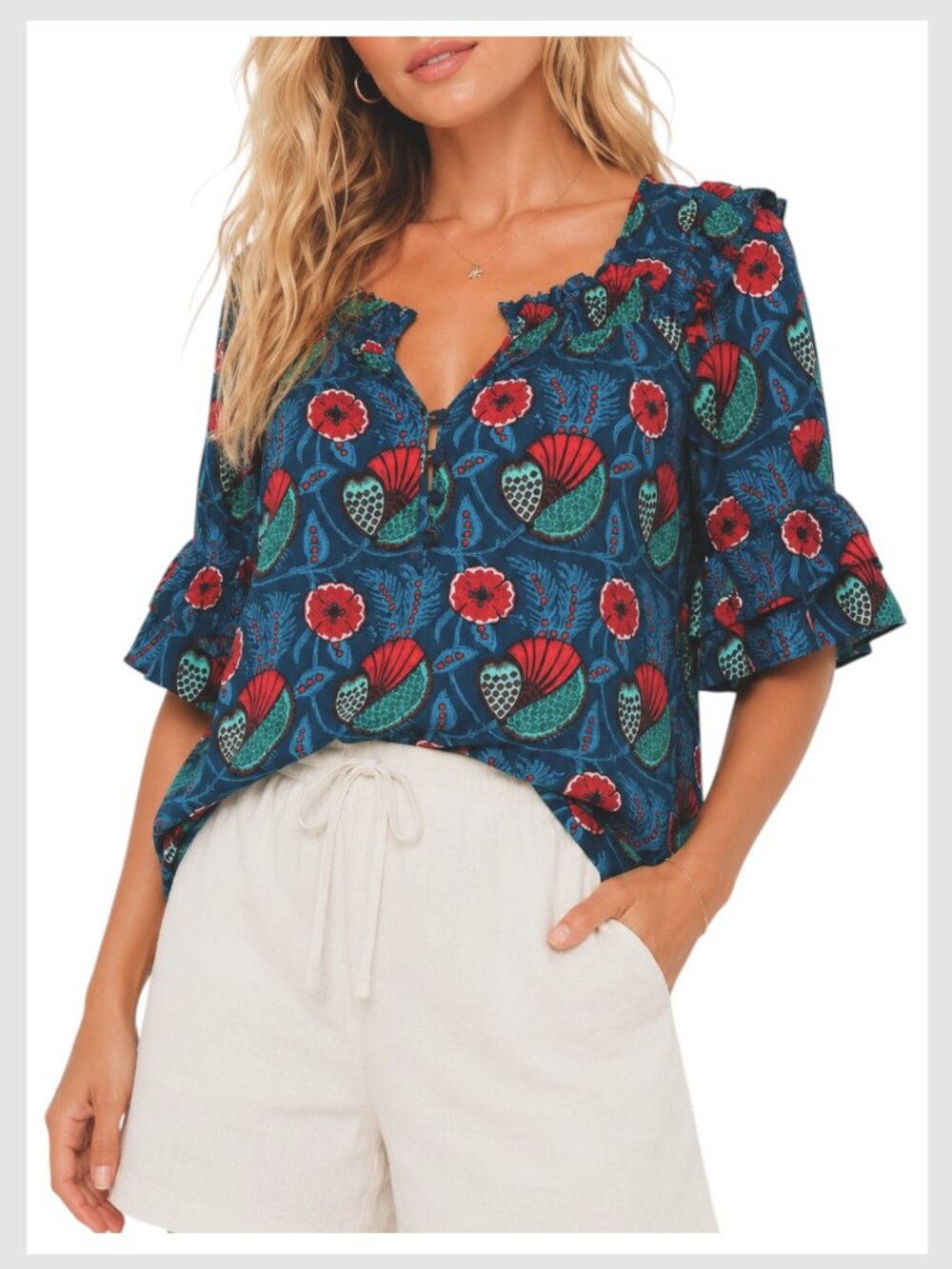 Anthropologie Maeve Smocked Square Neck Blouse Teal Floral S